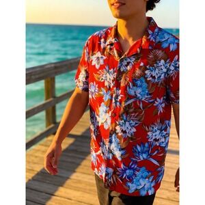 George Mens Red Floral Hawaiian Button Down Shirt Short Sleeve Tropical Small